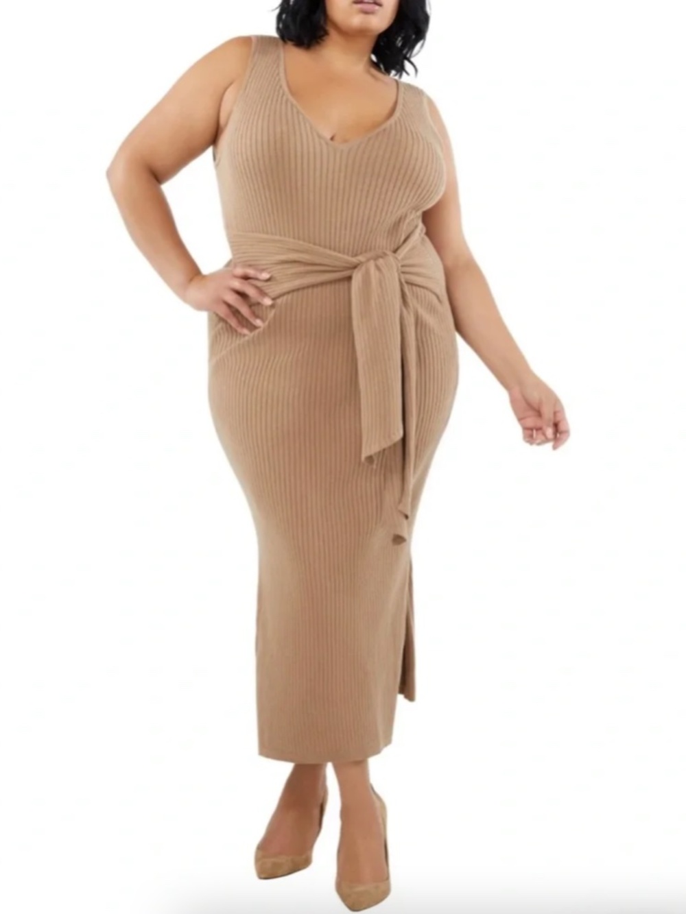 Good American Belted Ribbed Knit Bodycon Midi Dress Taupe Women's Size 2XL